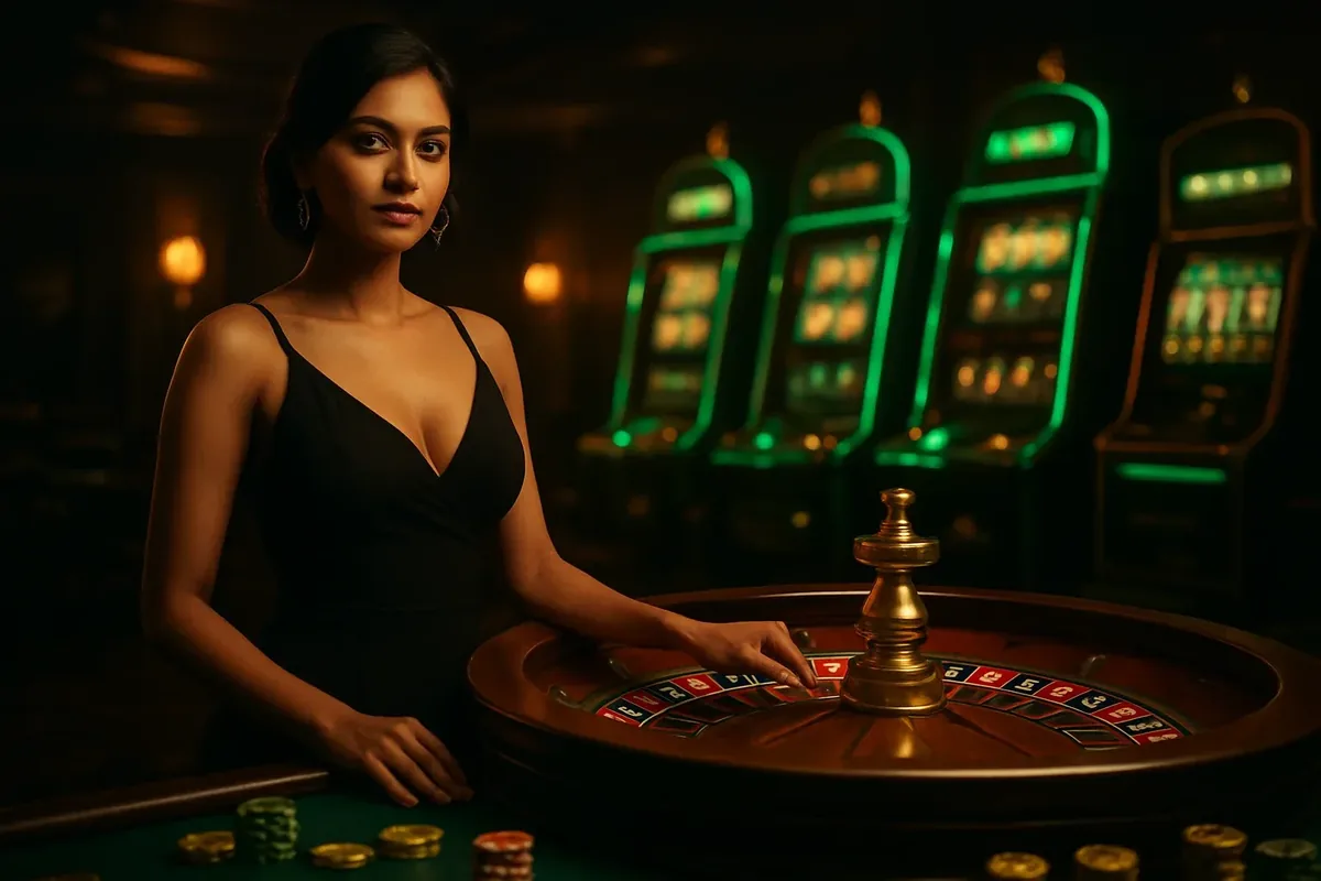 Elegant Casino Banner Confident woman in evening dress near roulette and slot machines with neon green and gold accents in a luxury Bangladeshi casino
