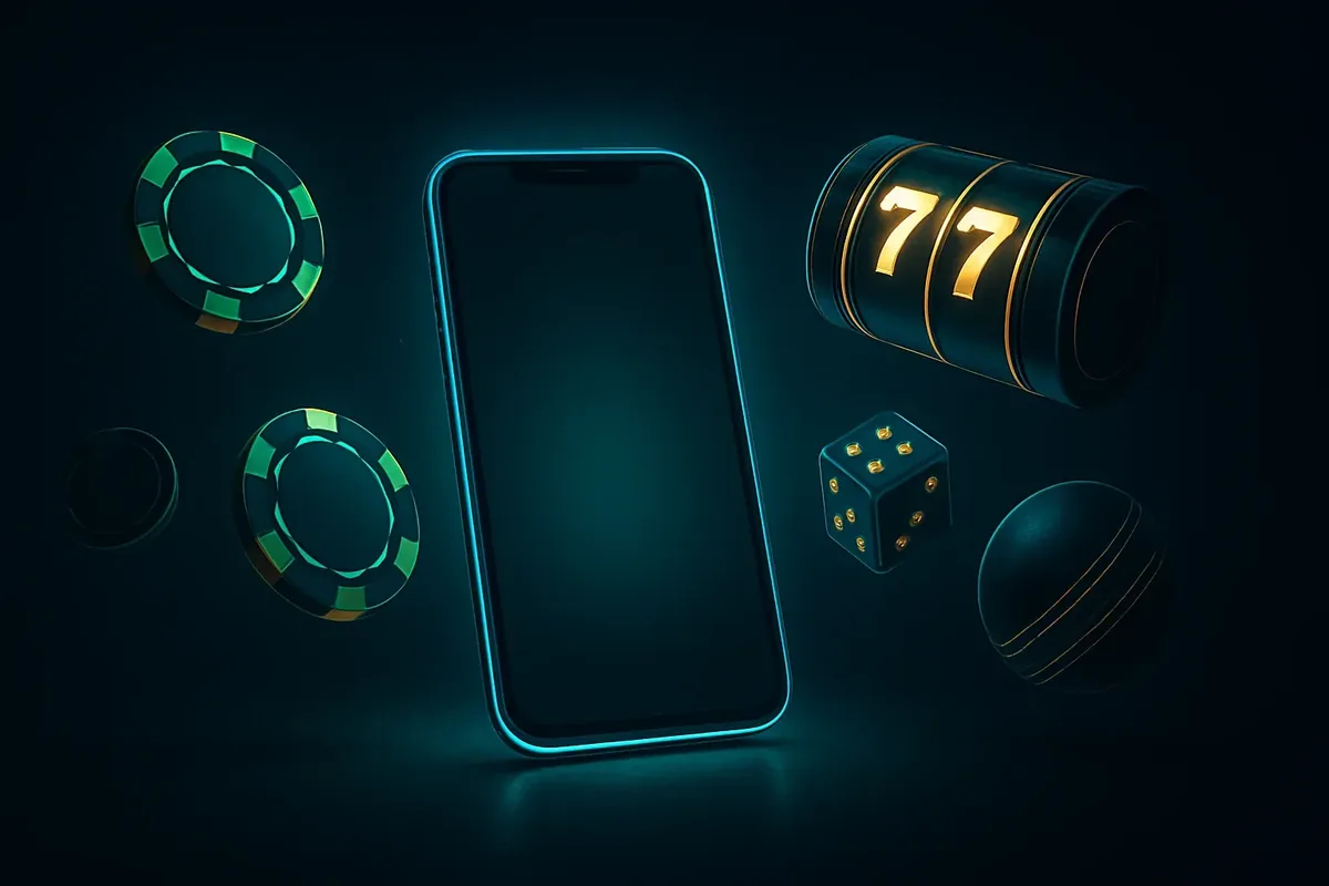 Glowing Smartphone Casino Banner Panoramic banner with glowing smartphone, floating casino chips, slot reels, dice, and cricket ball on dark luxurious background